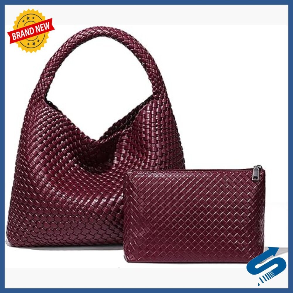 Large Vegan Leather Woven Tote Bag with Magnetic Closure and Removable Cushion